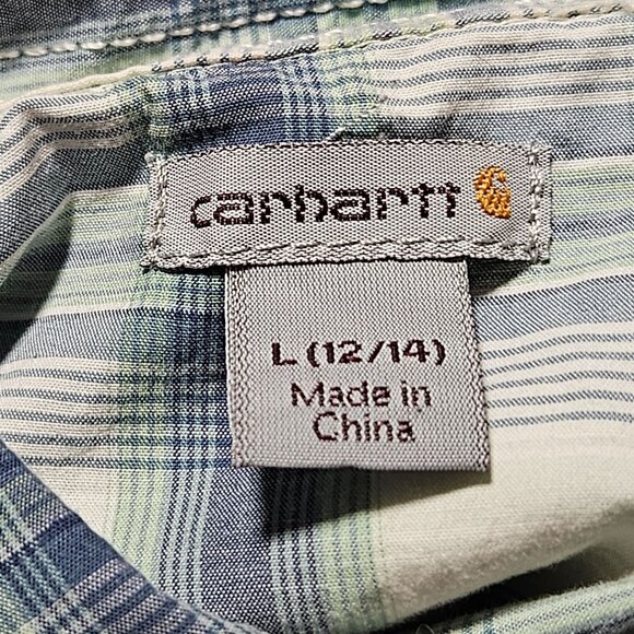 Carhartt Button Up Shirt Womens Size Large Blue White Plaid Roll-Tab Sleeves - Picture 8 of 9